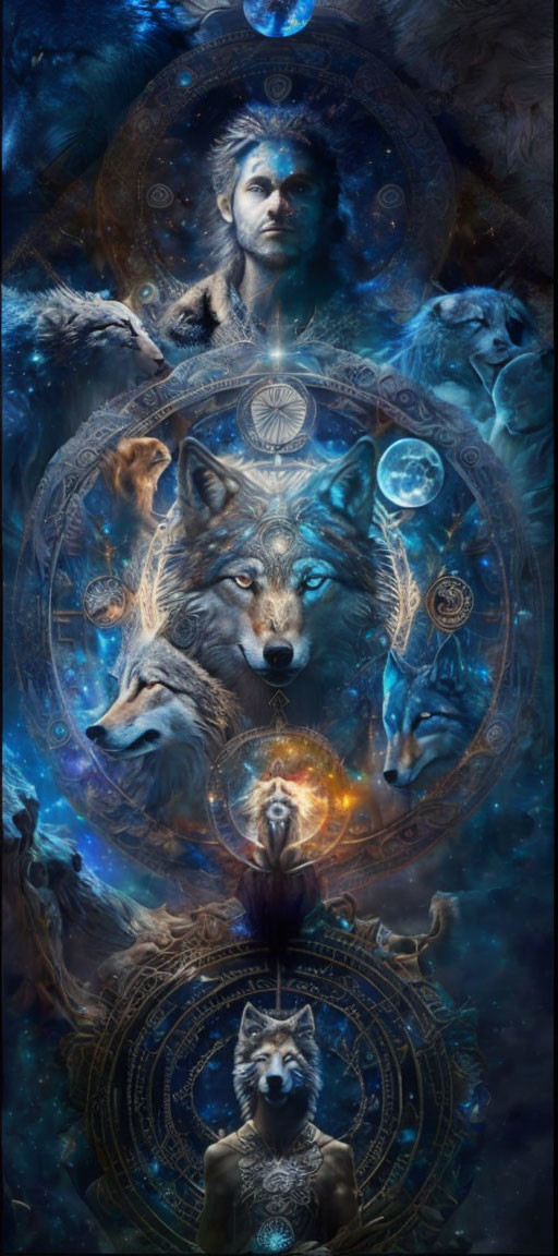 Mystical artwork with cosmic wolf elements and starry backdrop