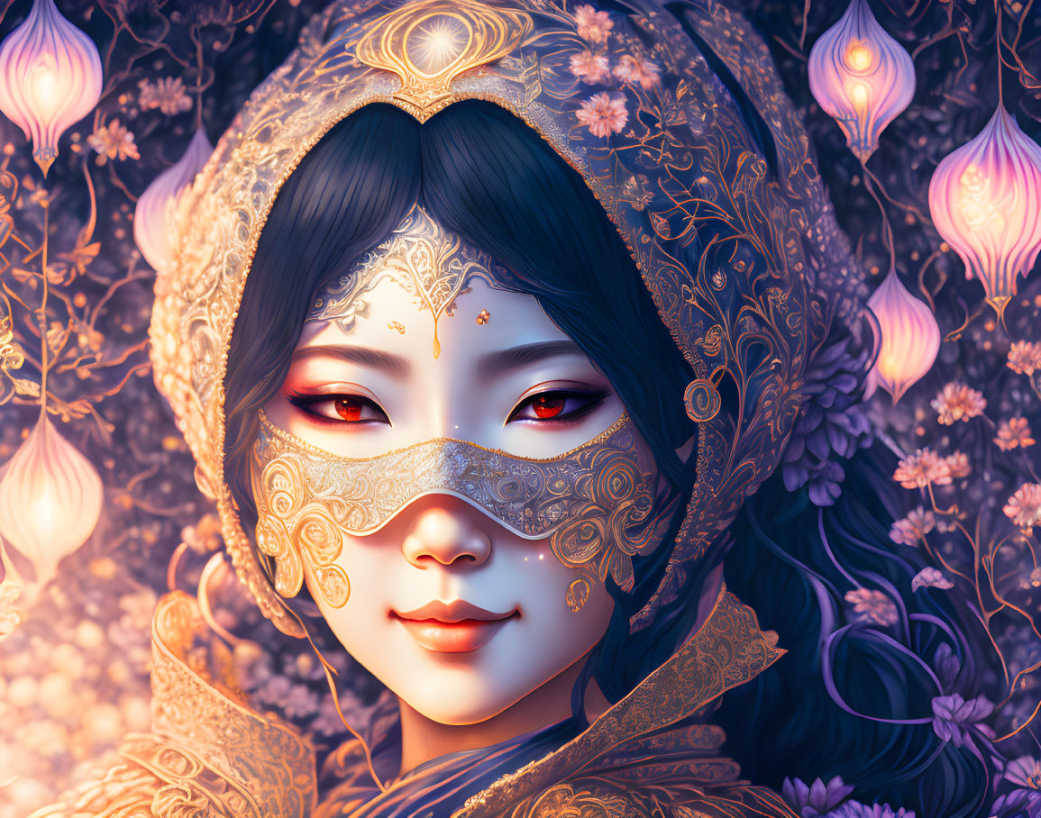 Golden floral mask woman with lanterns in purple flower backdrop