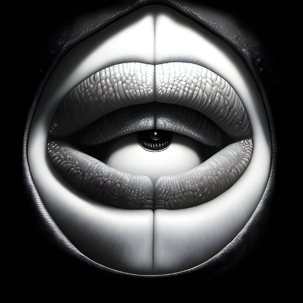 Monochrome surreal artwork: circular lips and eye illusion