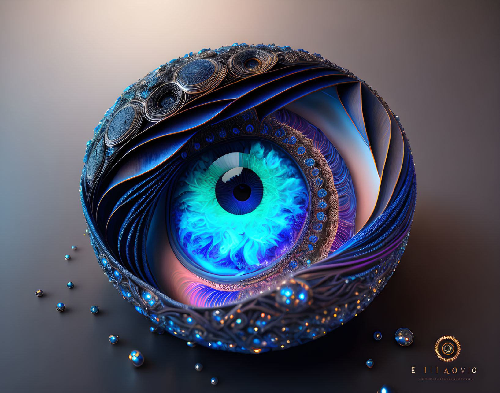 Surreal digital artwork: Vibrant blue eye, metallic layers, glossy spheres