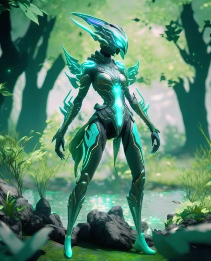 Armored futuristic figure in glowing forest setting