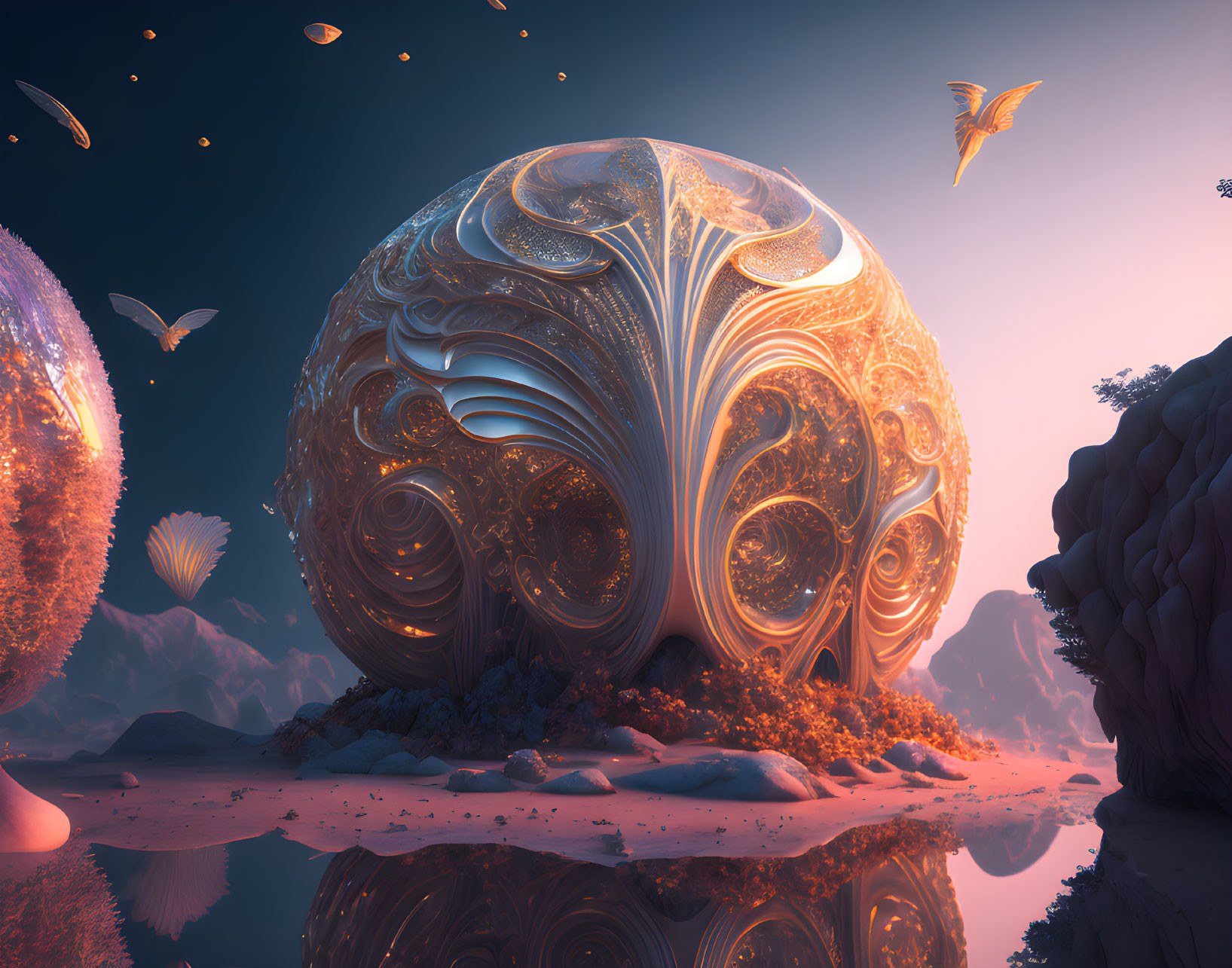Ornate orb structure in surreal twilight landscape