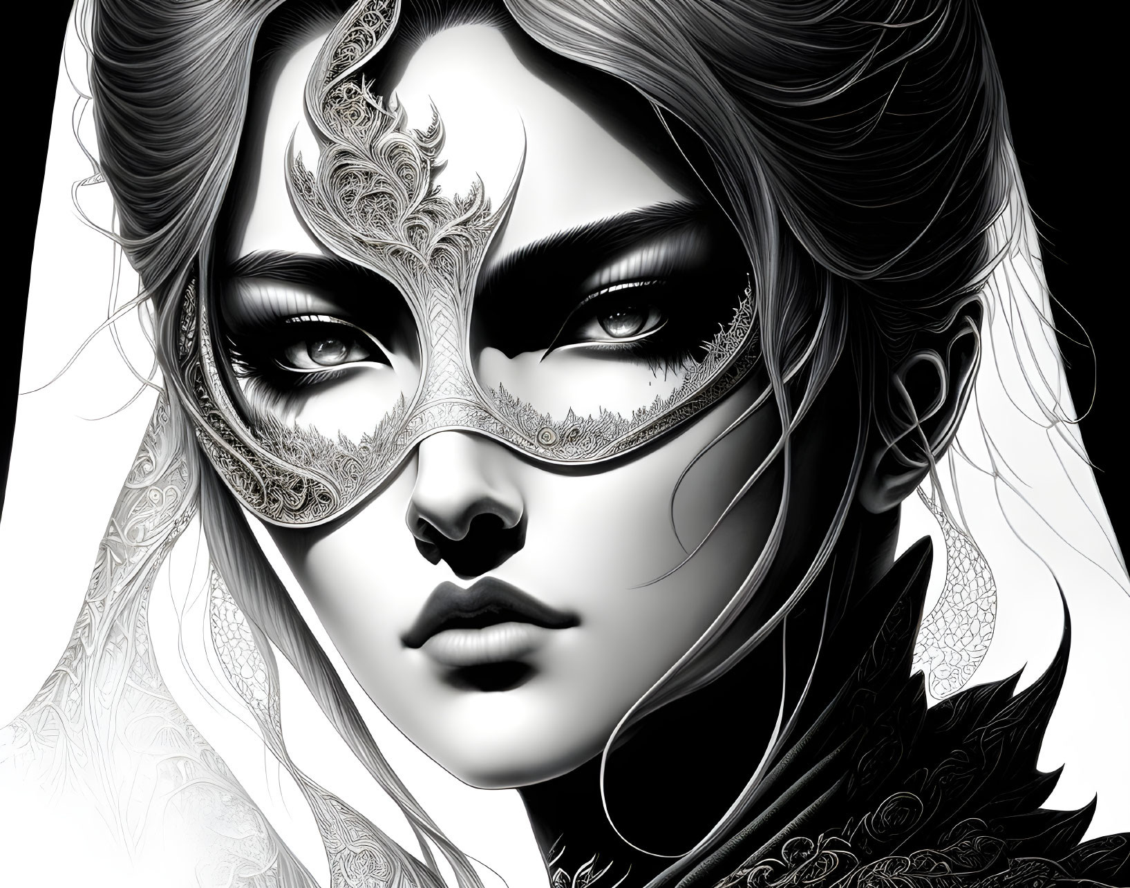 Monochrome illustration of person with lace mask & ornate patterns