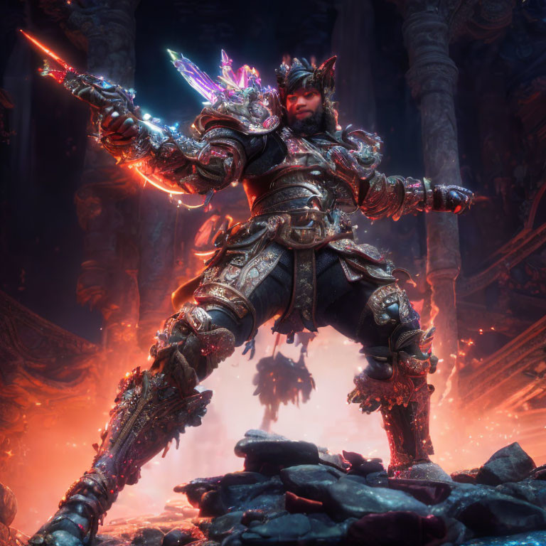 Knight in ornate armor with crystal-tipped sword in dark fantasy scene