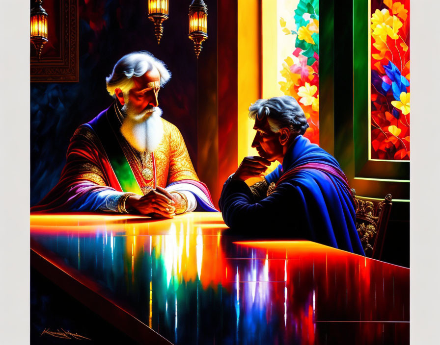 Stylized male figures at vibrant, colorful bar with stained glass background
