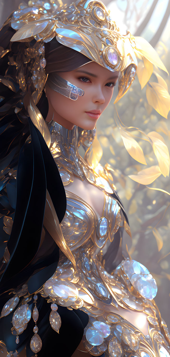 Intricate Golden Armor Woman Amid Shimmering Leaves