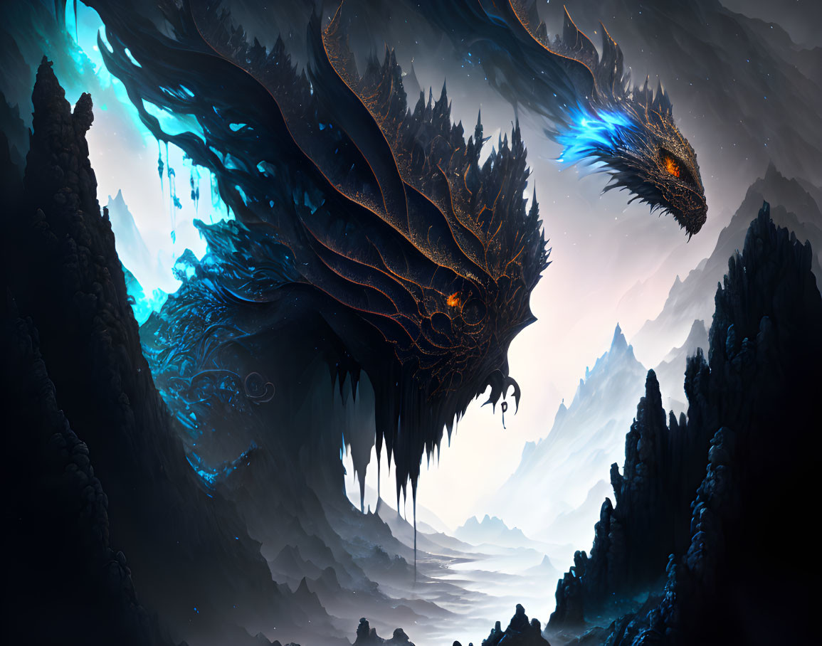 Dark dragon with glowing blue eyes in mystical mountain landscape