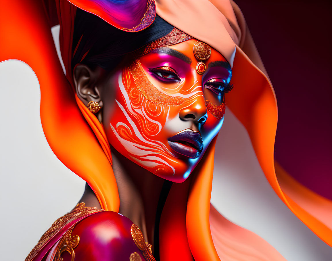 Vibrant digital artwork: Woman in orange and red face paint with colorful fabric