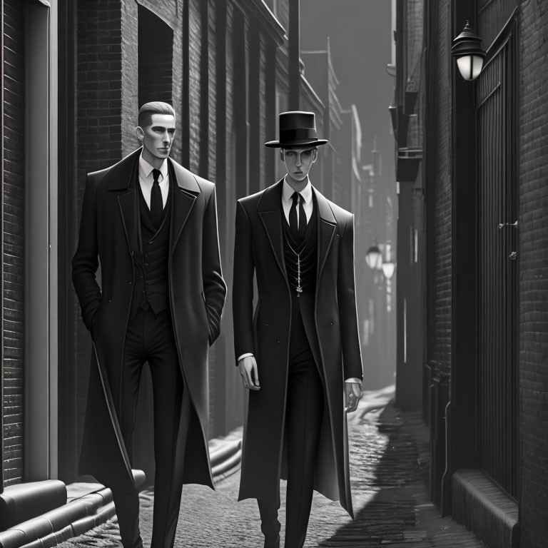 Vintage-suited men walking confidently in dimly lit alleyway