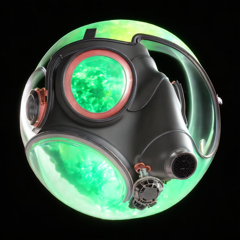 Black Gas Mask in Green Shield with Swirling Energy on Black Background