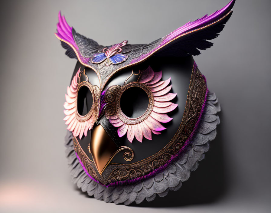 Owl-Inspired Mask with Gold and Purple Details