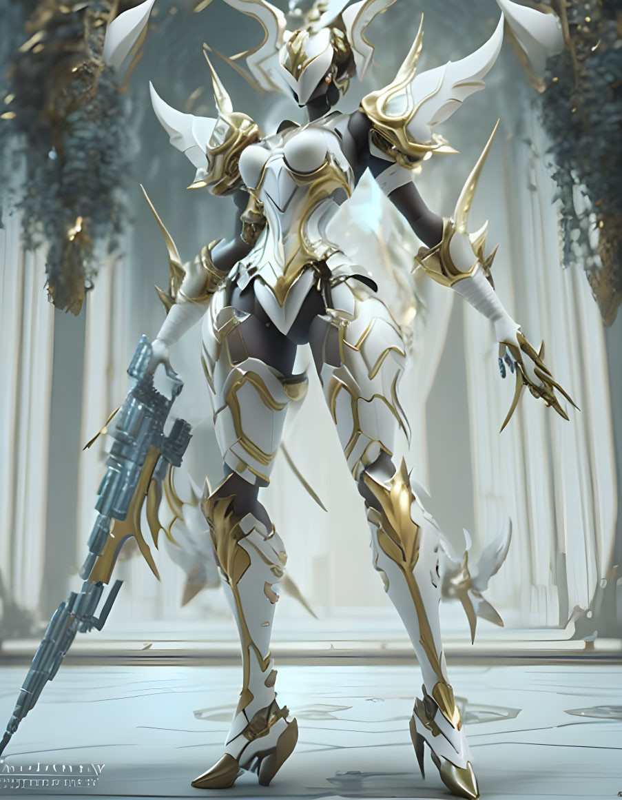 Futuristic armored character with spear in opulent interior