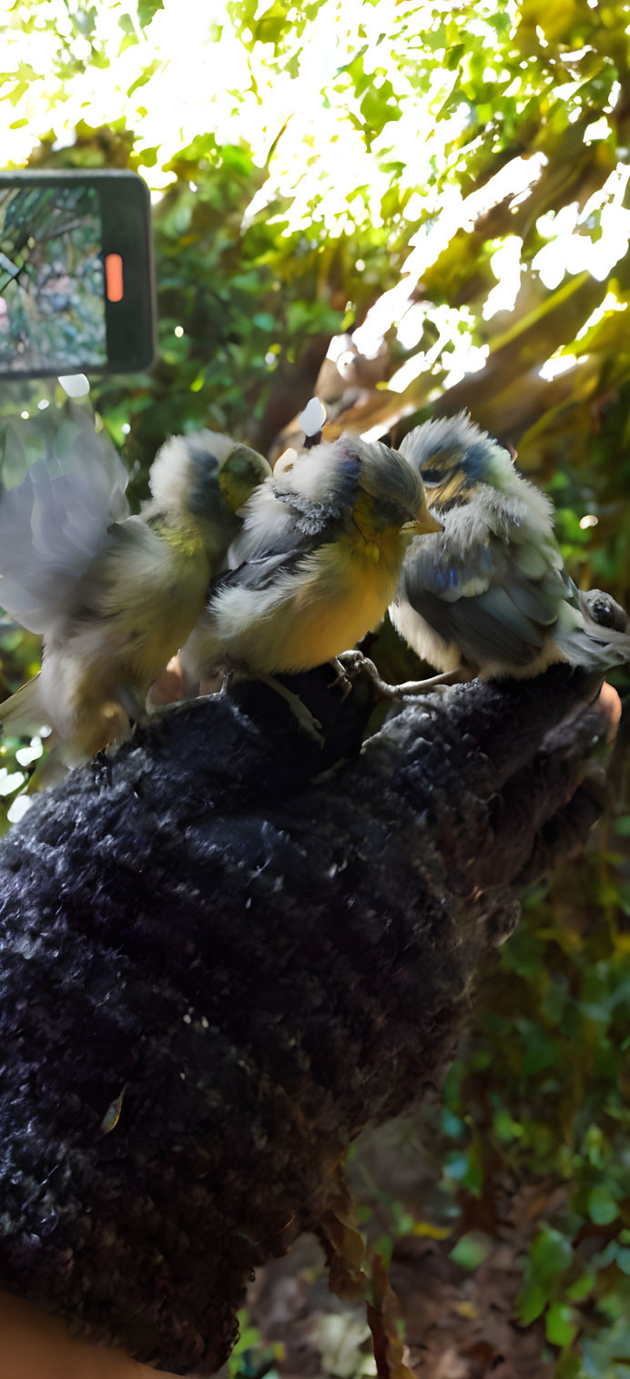 Small birds perched on hand with photographer in background among foliage