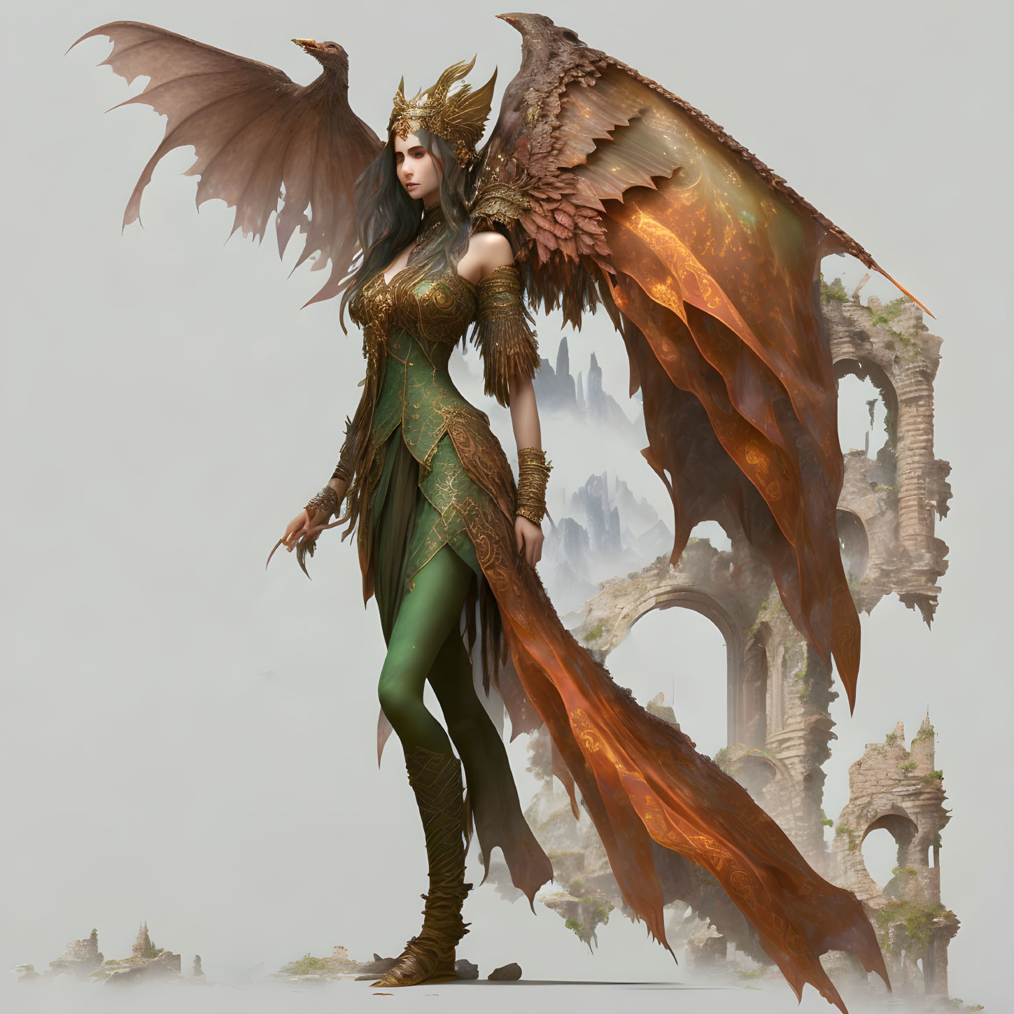 Fantasy female warrior with brown wings in ornate armor amidst ancient ruins