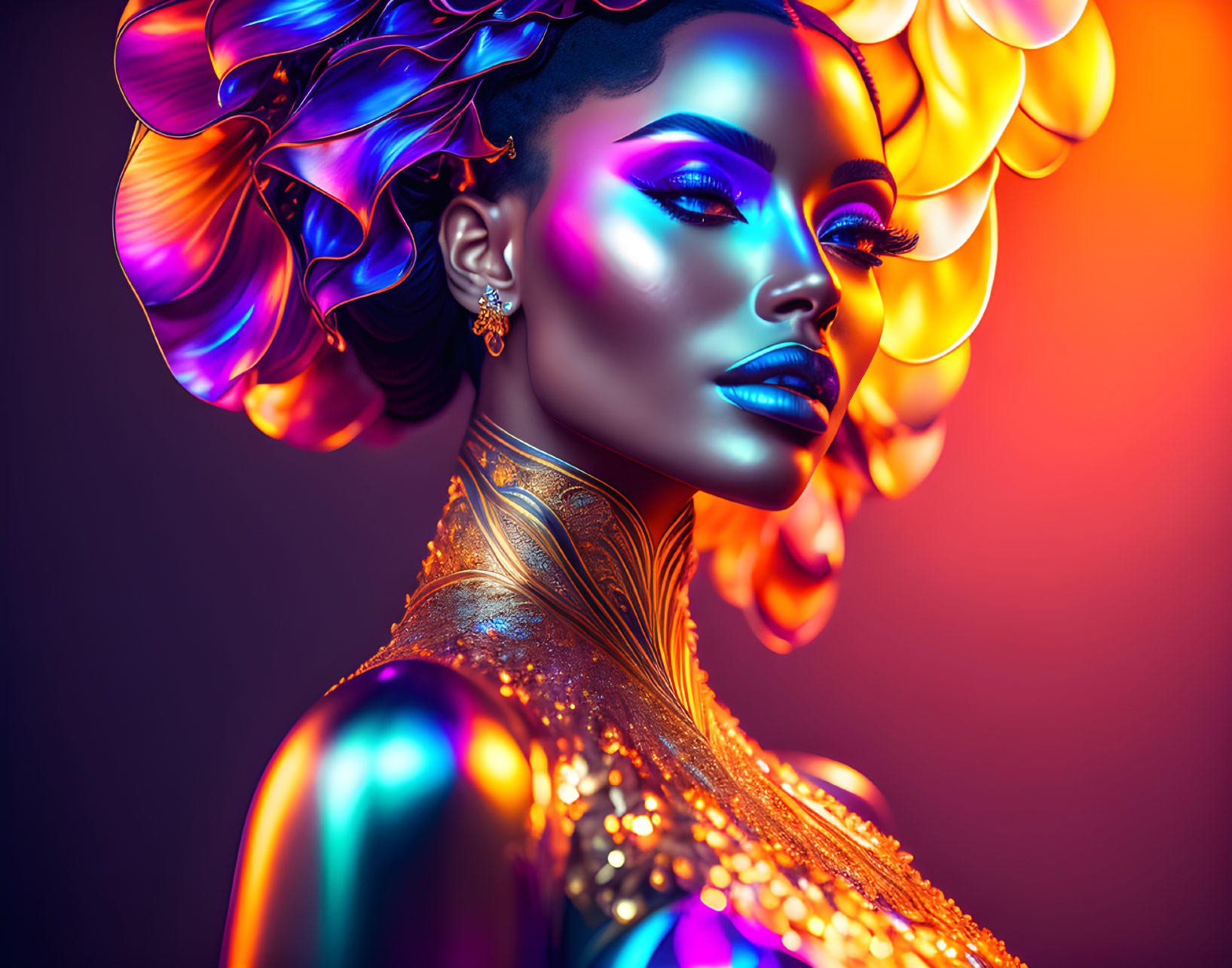 Colorful woman portrait with metallic body paint and flowing hair on neon background