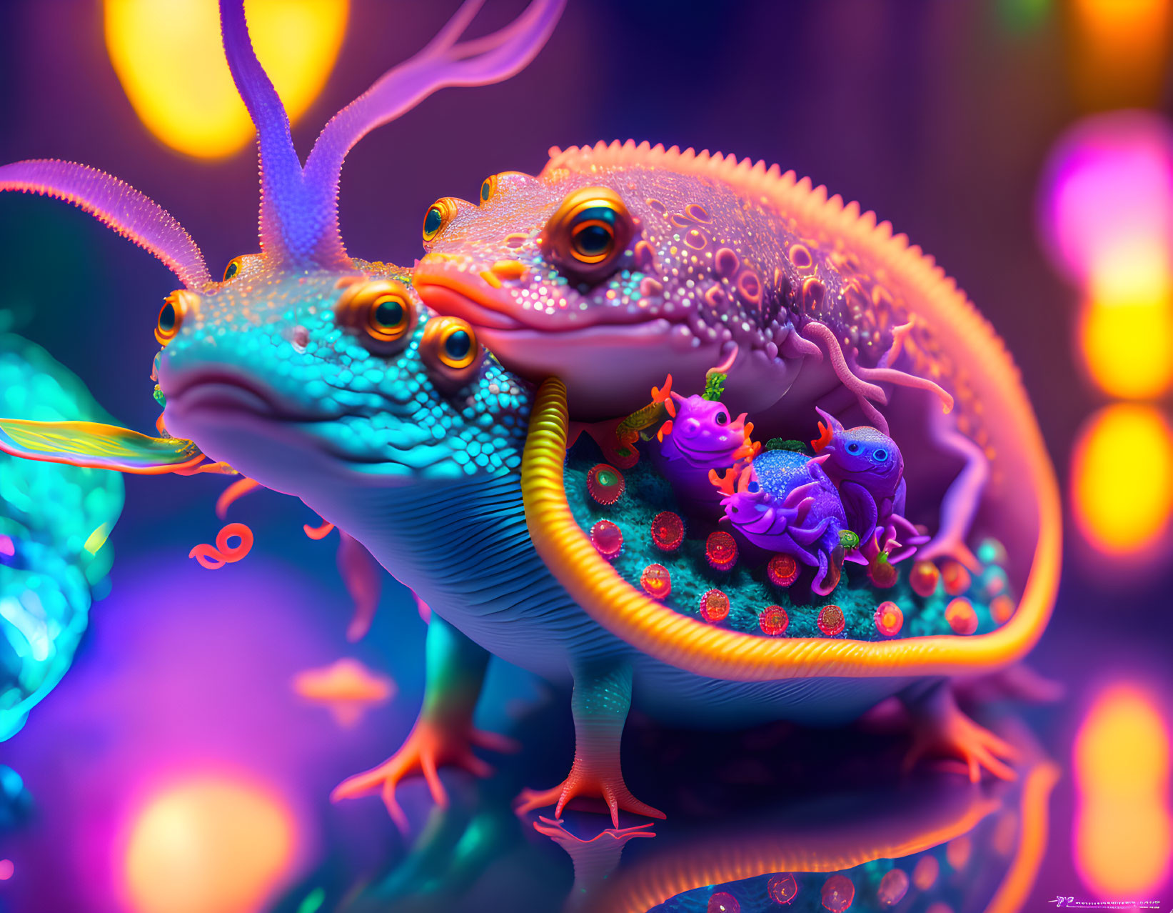 Colorful fantasy creature with intricate textures and smaller creatures in digital art