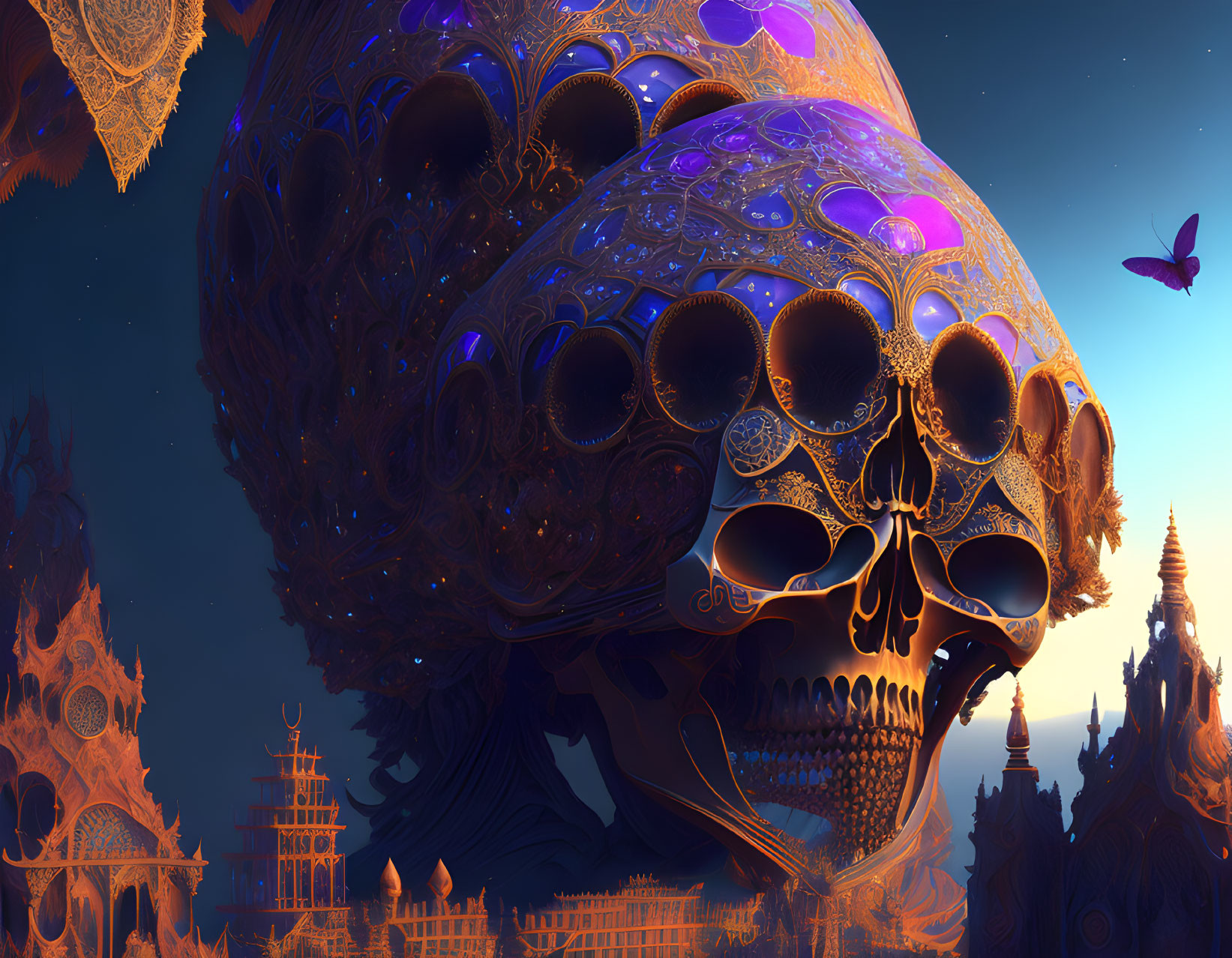 Fantastical digital artwork: Giant ornate skull, intricate patterns, architecture, butterfly, twilight sky