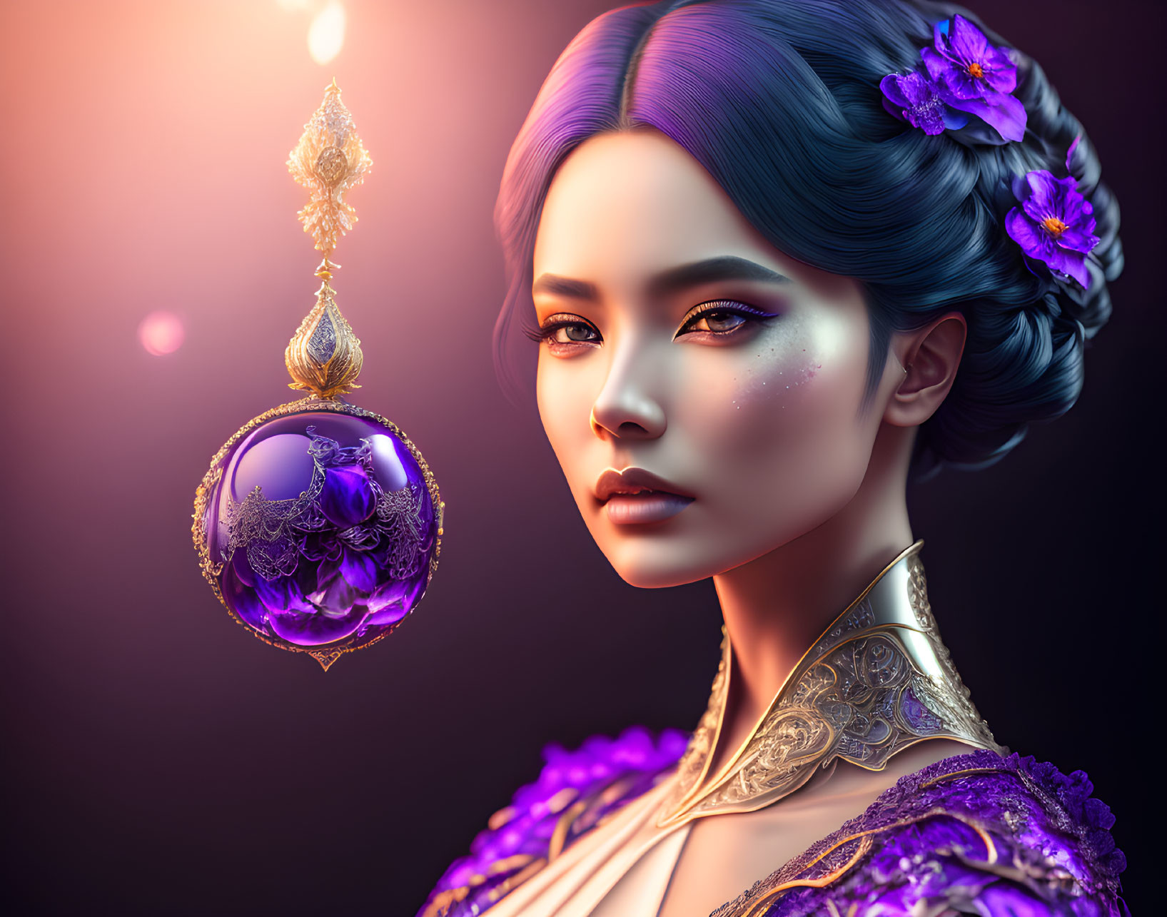 Digital Artwork: Woman with Purple Hair, Flowers, and Glowing Orb
