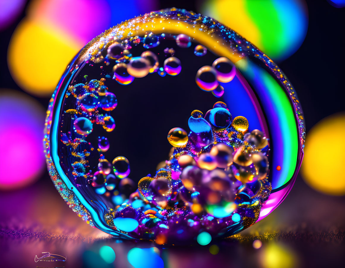 Colorful Bokeh Lights Reflecting in Soap Bubble Close-Up
