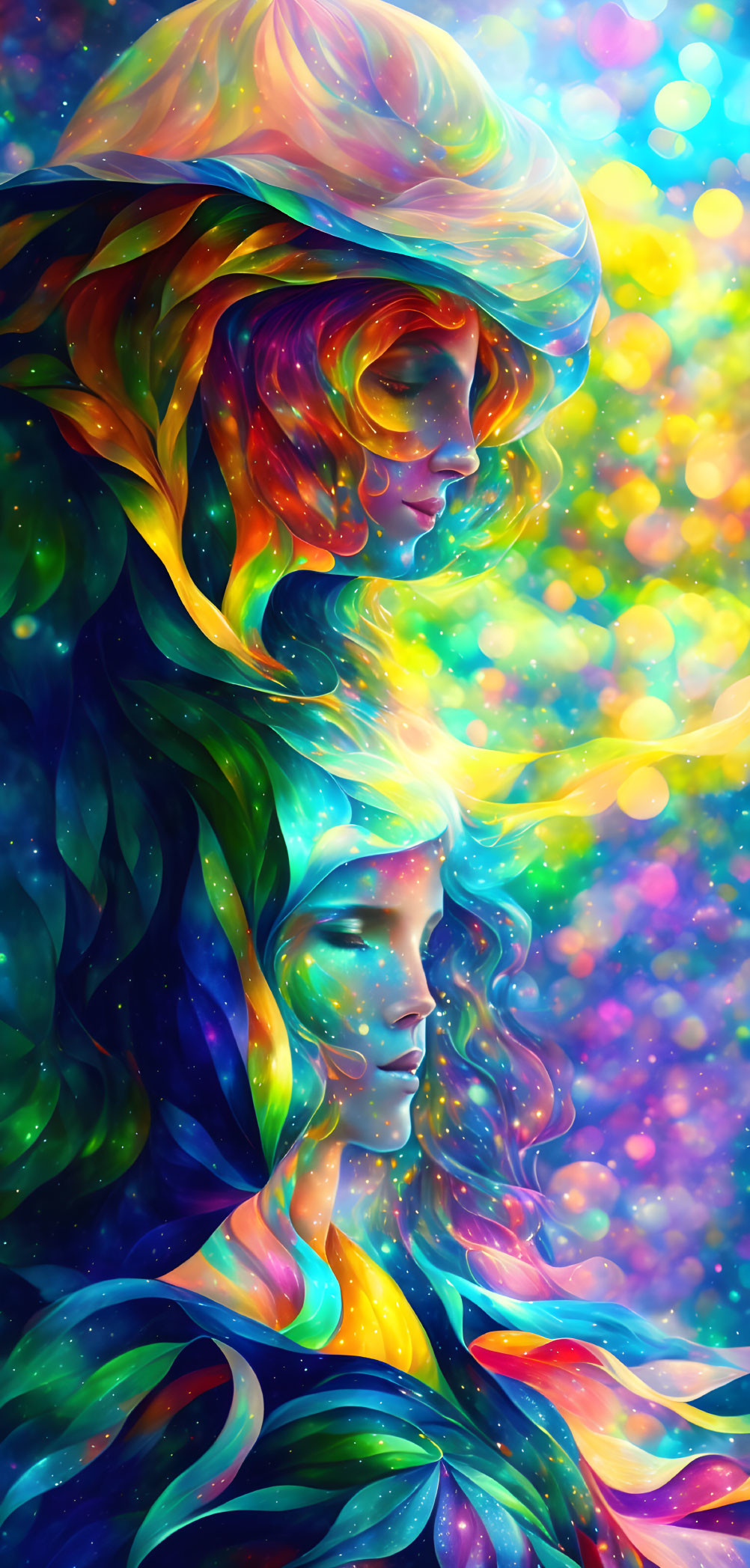 Colorful digital artwork featuring two stylized women with flowing hair in abstract background.