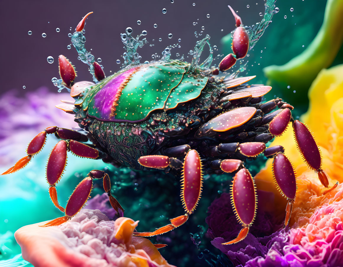Colorful Crab Surrounded by Water Droplets and Vibrant Flowers