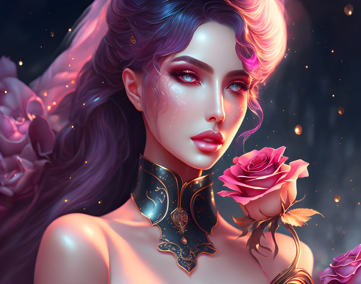 Fantasy woman with purple hair and red eyes holding a rose in dark backdrop.