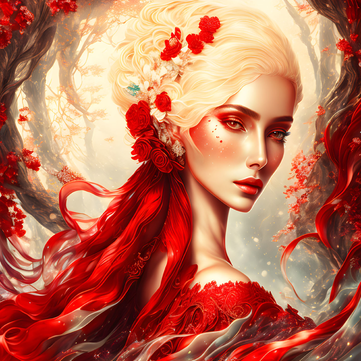 Fantastical portrait of woman with red hair and flowers in a surreal setting