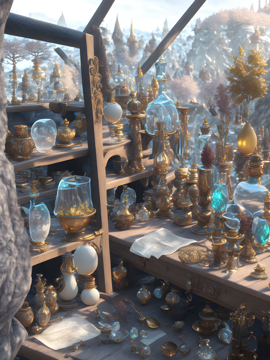 Enchanting potion shop with glowing bottles in medieval town