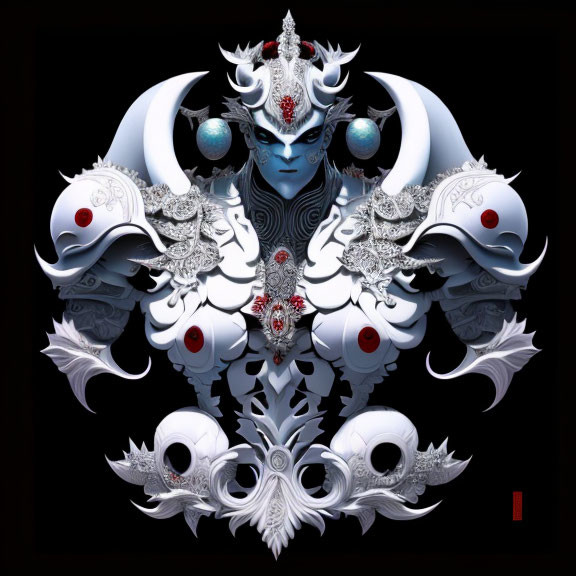 Stylized digital artwork: Blue-skinned character with ornamental dragon-themed headgear