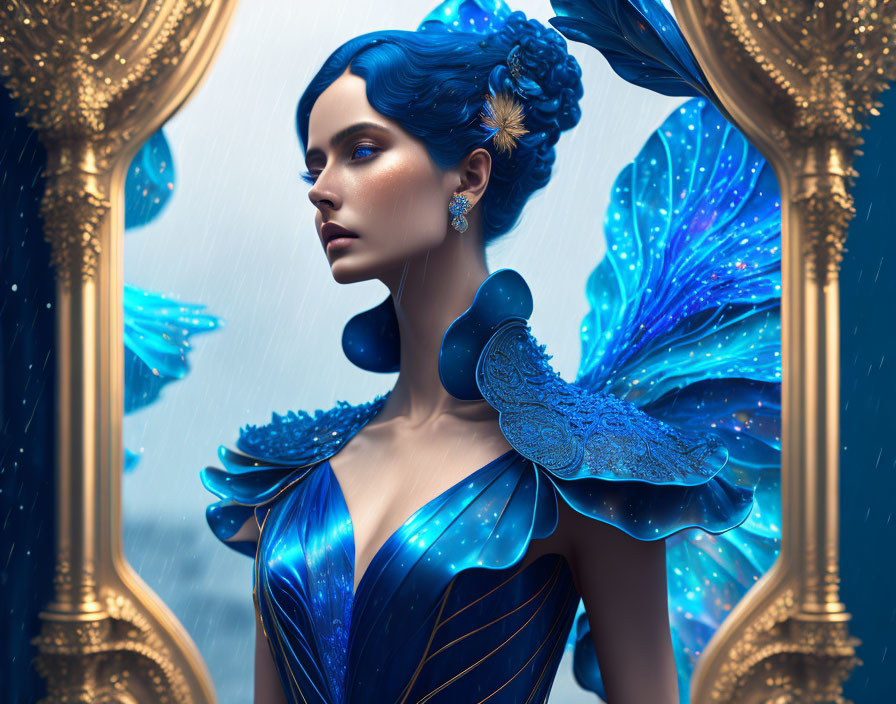 Digital artwork: Woman with blue butterfly wings in ornate dress by golden mirror in rainy scene