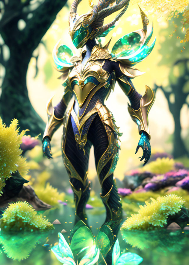 Armored figure with golden details in vibrant forest landscape