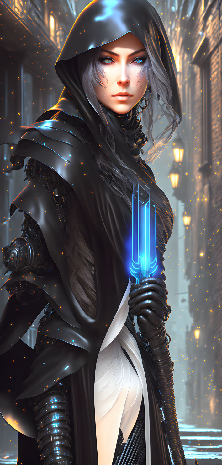 Futuristic figure with glowing blue blade in advanced cityscape