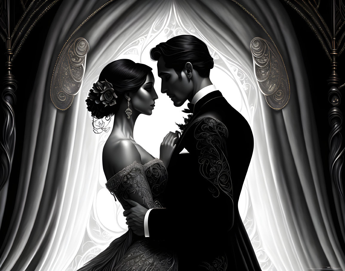 Illustrated elegant couple sharing intimate moment with monochrome drapery background