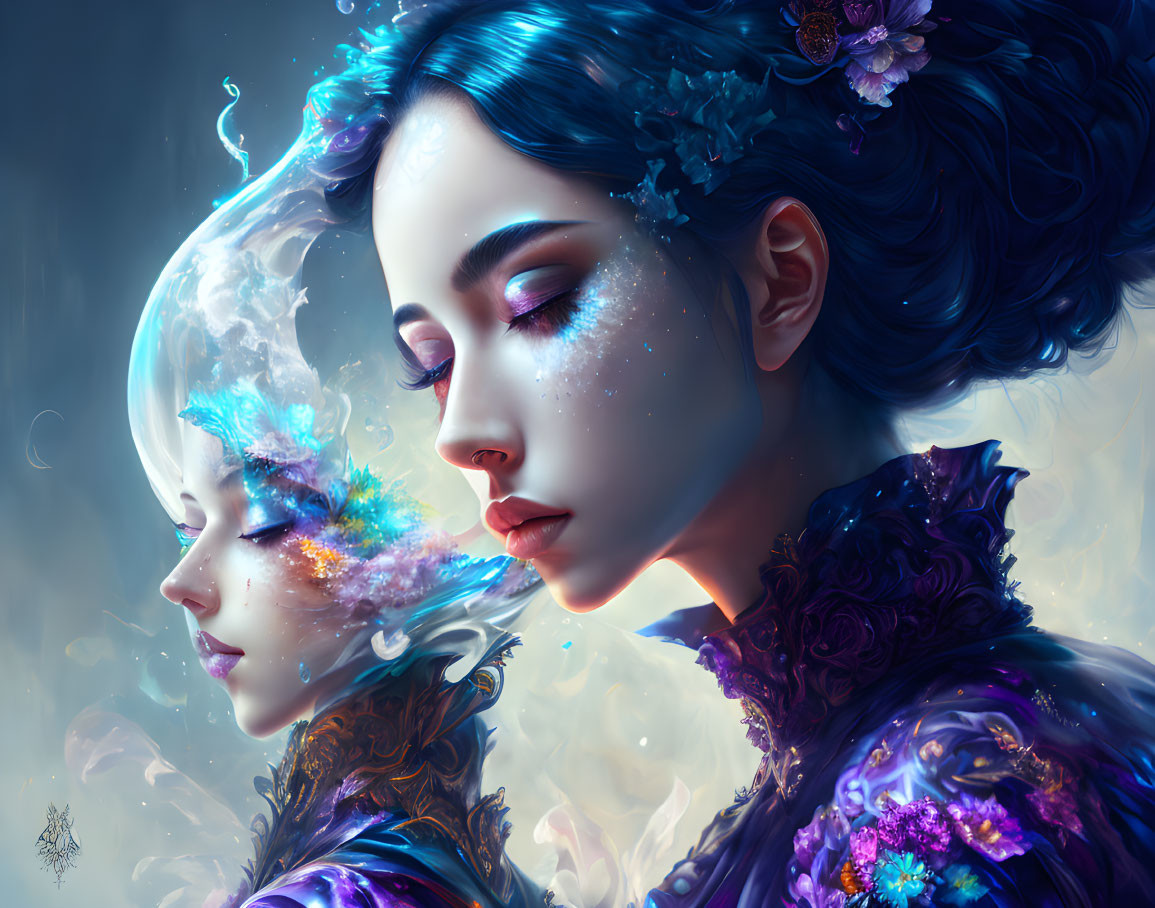 Ethereal female figures with floral motifs in celestial backdrop