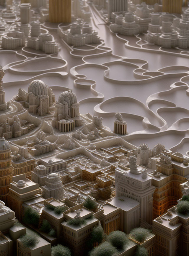 Detailed 3D cityscape with architectural model buildings and monochrome palette
