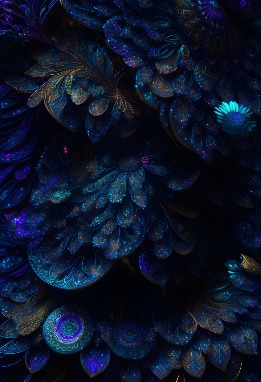Intricate fractal patterns in deep blue with neon accents
