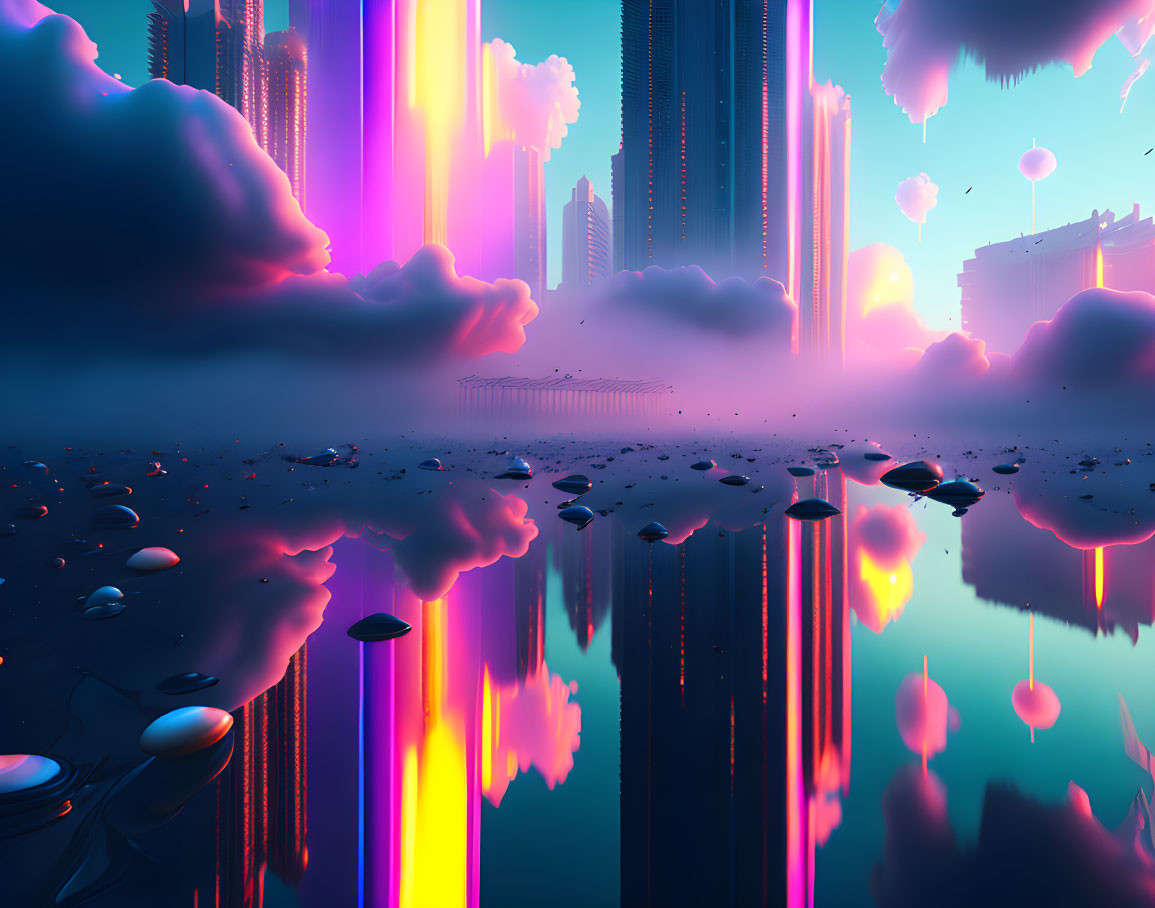 Neon-lit skyscrapers in futuristic cityscape with serene pink and blue hues