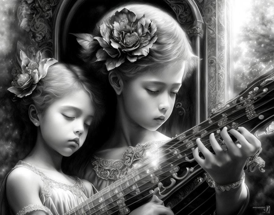 Monochrome image of two young girls with a stringed instrument and closed eyes