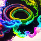 Colorful Coiled Snake Artwork with Ink Swirls on Black Background