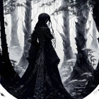 Woman in ornate black dress in misty forest with backlighting.