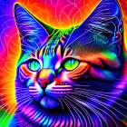 Colorful Psychedelic Cat Illustration with Green Eyes and Detailed Background