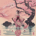 Illustration of figure in traditional attire near cherry blossom tree and pink-tinted pond