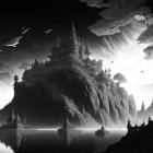 Monochrome fantasy landscape with majestic castle, cliff, misty waters, boat, and moon.