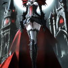Gothic fantasy illustration of woman in black and red outfit by castle