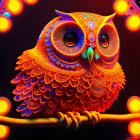 Neon-colored digital artwork: Owl on branch with dark backdrop