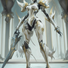 Futuristic armored character with spear in opulent interior