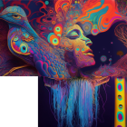 Fantasy illustration: woman with flowing hair, jellyfish, bubbles, and bird on dark background