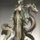 Regal woman with dragon in Asian setting.