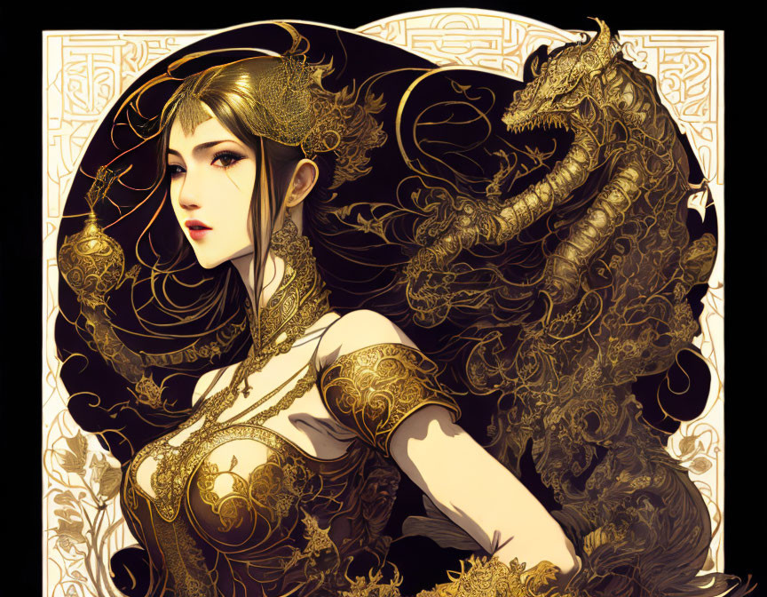 Elegant woman with black hair and gold accessories, accompanied by golden dragon on patterned background