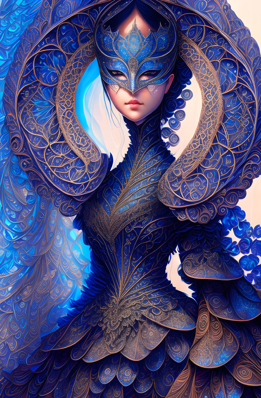 Stylized digital artwork of a woman in blue and gold masquerade costume